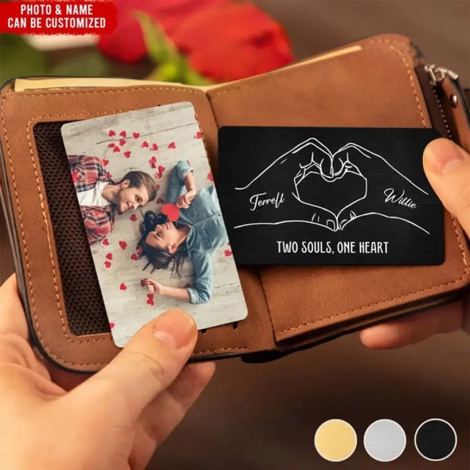 Two Souls One Heart with Couple Photo - Personalized Metal Wallet Card, Anniversary Gift for Him/Her/Wife/Husband/Finance