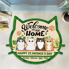 Welcome To Our Home, Happy ST. Patrick's Day, For Lovers Cat, Personalized Cat Face Shaped Doormat