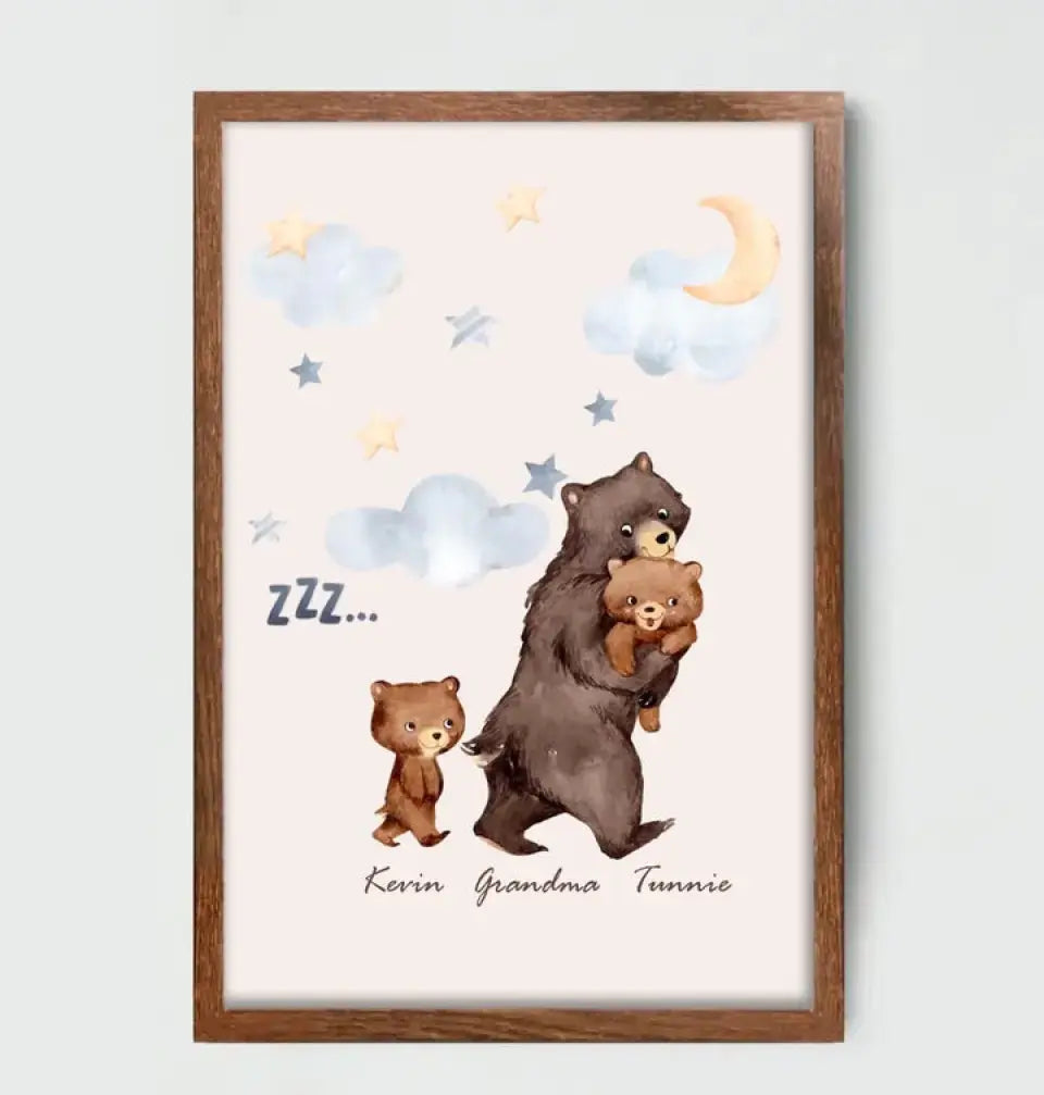 Personalized Grandma Bear & Kid Names Frame Poster Printed