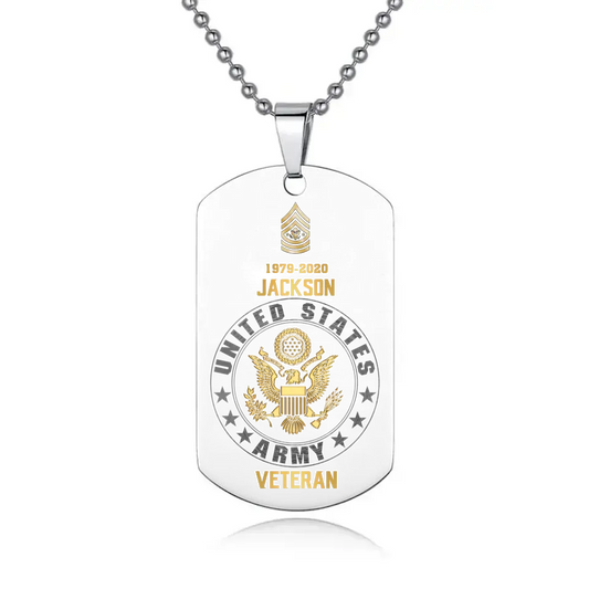 Personalized US Army Veteran Rank Camo Custom Name & Time Necklace Printed