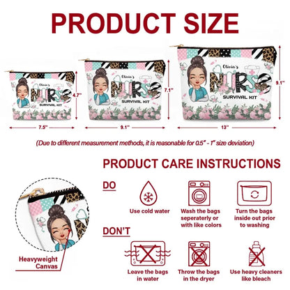 Nurse Survival Kit Pink Floral - Personalized Custom Canvas Makeup Bag - Nurse's Day, Appreciation Gift For Nurse