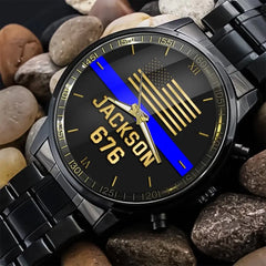 Personalized US Police Thin Blue Line Custom Name & ID Watch Printed