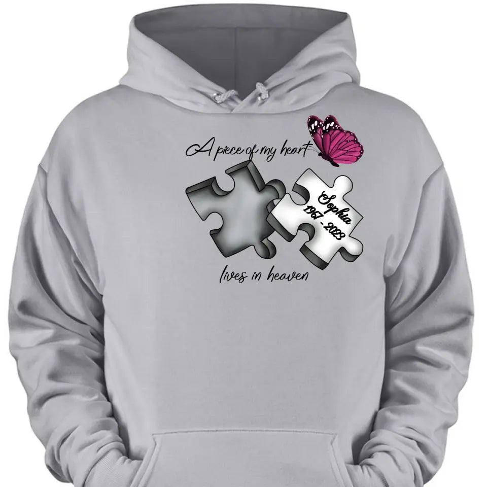 Custom Personalized Memorial Butterfly Shirt/ Hoodie - Memorial Gift Idea - A Piece Of My Heart Lives In Heaven