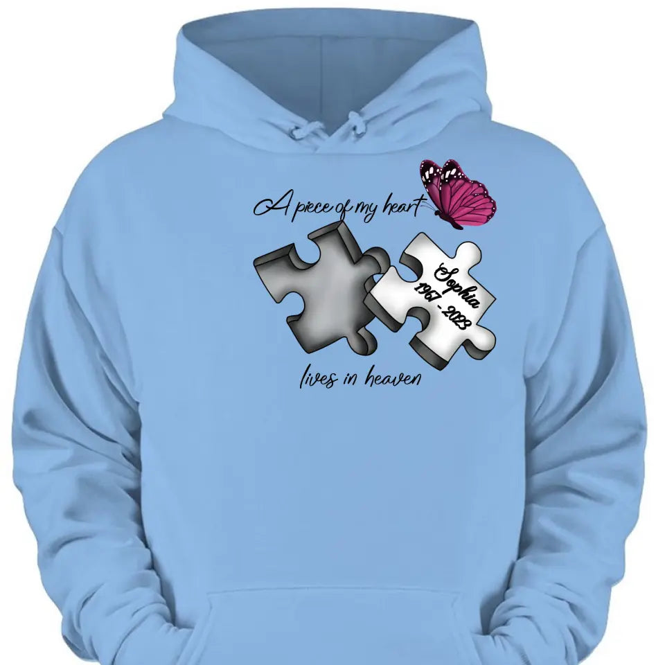 Custom Personalized Memorial Butterfly Shirt/ Hoodie - Memorial Gift Idea - A Piece Of My Heart Lives In Heaven