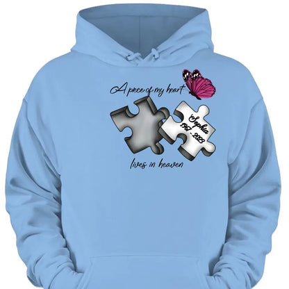 Custom Personalized Memorial Butterfly Shirt/ Hoodie - Memorial Gift Idea - A Piece Of My Heart Lives In Heaven