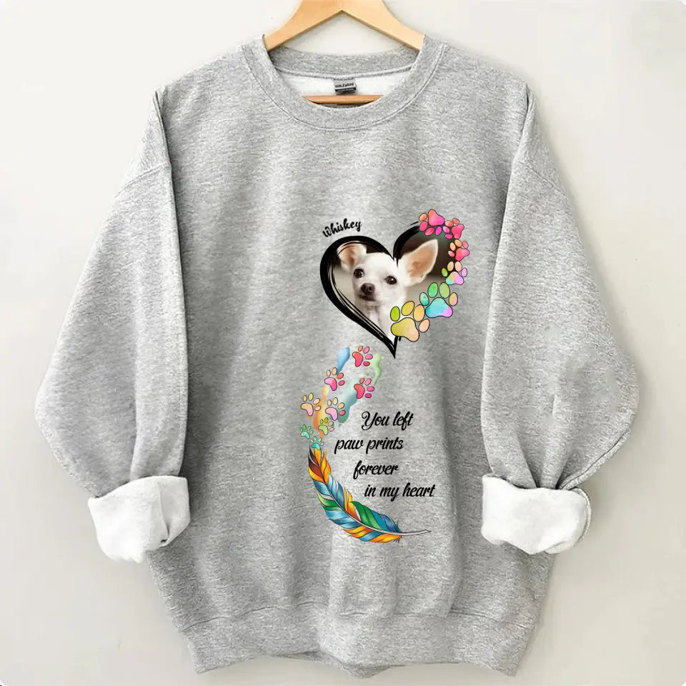 Custom Personalized Memorial Paw Prints Shirt/ Hoodie - Upload Photo - Memorial Gift Idea For Pet Lover - You Left Paw Prints Forever In My Heart
