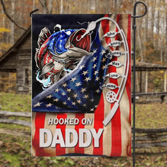 Custom Personalized Hooked On Flag - Upto 6 Names - Gift Idea For Independence Day/Father's Day - Hooked On Daddy