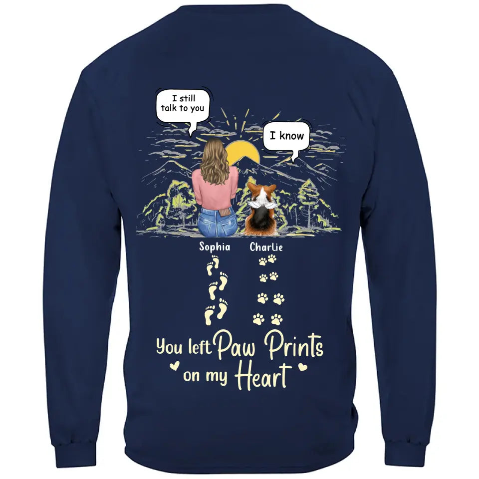 Custom Personalized Memorial T-shirt/ Hoodie - Man/ Woman With Upto 4 Pets - Memorial Gift Idea For Dogs/ Cats/ Rabbits Lover - You Left Paw Prints On My Heart