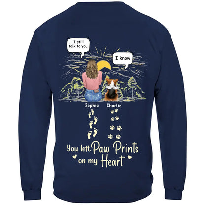 Custom Personalized Memorial T-shirt/ Hoodie - Man/ Woman With Upto 4 Pets - Memorial Gift Idea For Dogs/ Cats/ Rabbits Lover - You Left Paw Prints On My Heart