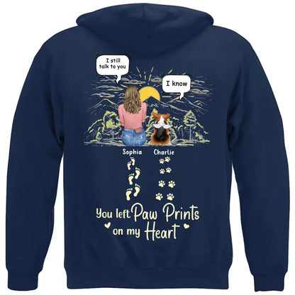Custom Personalized Memorial T-shirt/ Hoodie - Man/ Woman With Upto 4 Pets - Memorial Gift Idea For Dogs/ Cats/ Rabbits Lover - You Left Paw Prints On My Heart