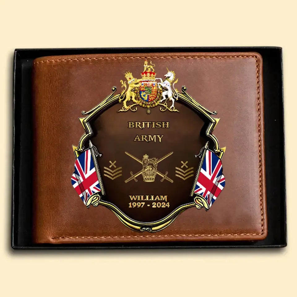 Personalized British Army Veteran Rank Gold Custom Name & Time Leather Wallet