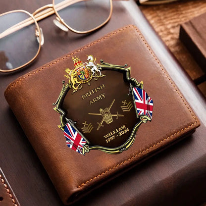 Personalized British Army Veteran Rank Gold Custom Name & Time Leather Wallet