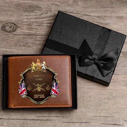 Personalized British Army Veteran Rank Gold Custom Name & Time Leather Wallet