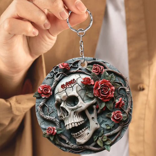 Skull Keychain Personalized Acrylic Accessory With Rose Detail