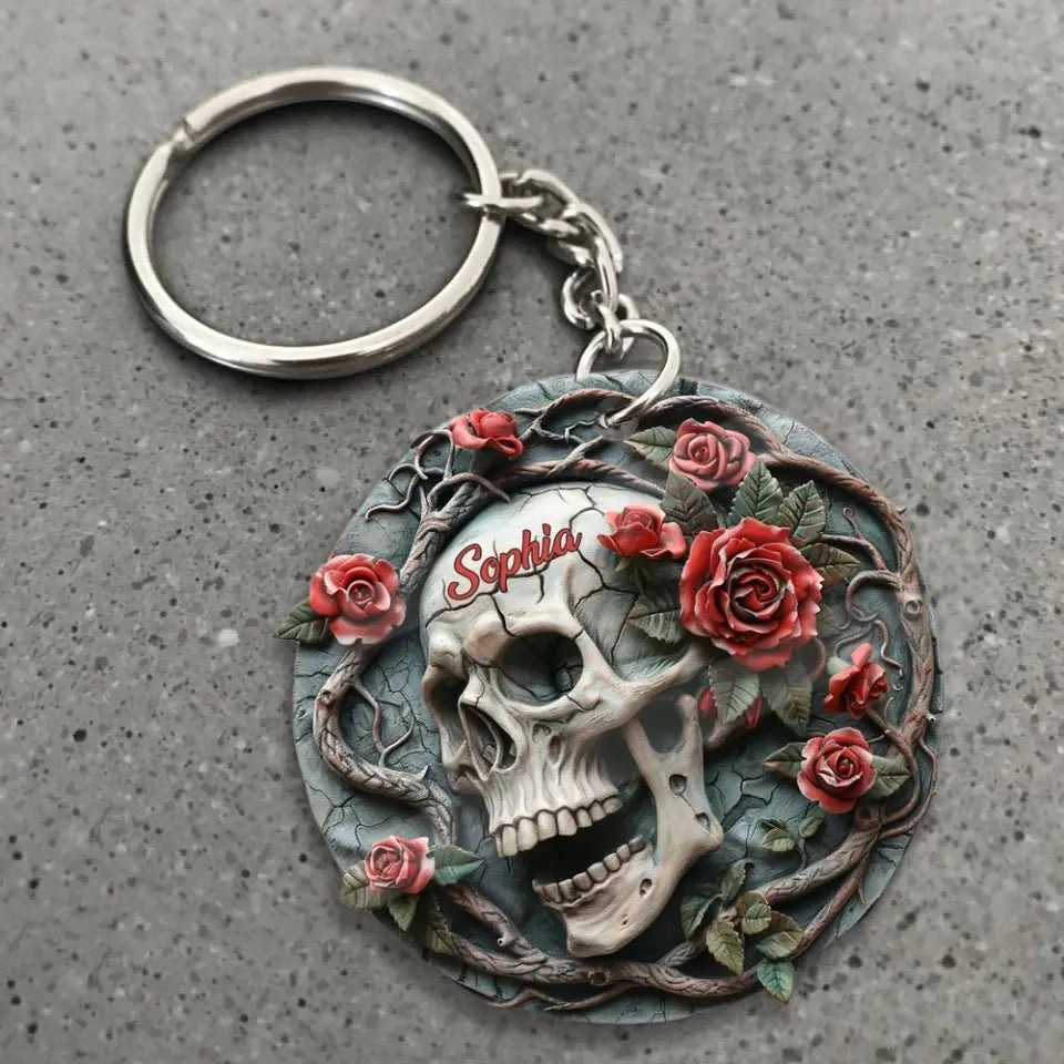 Skull Keychain Personalized Acrylic Accessory With Rose Detail