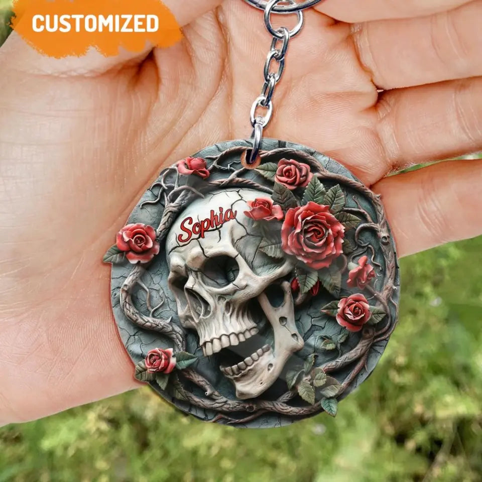Skull Keychain Personalized Acrylic Accessory With Rose Detail