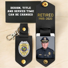 Personalized Upload Your Photo Retired Police Officer Police Badge Leather Keychain Printed