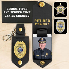 Personalized Upload Your Photo Retired Police Officer Police Badge Leather Keychain Printed