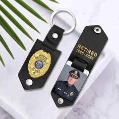 Personalized Upload Your Photo Retired Police Officer Police Badge Leather Keychain Printed