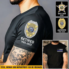 Personalized Retired US Police Badge & Service Time US Flag Blue Line T-shirt Printed