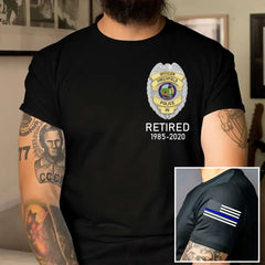 Personalized Retired US Police Badge & Service Time US Flag Blue Line T-shirt Printed