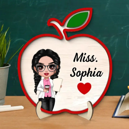 Doll Teacher Apple Shaped Personalized 2-Layer Wooden Plaque, Back To School Gift For Teacher, Office Decor