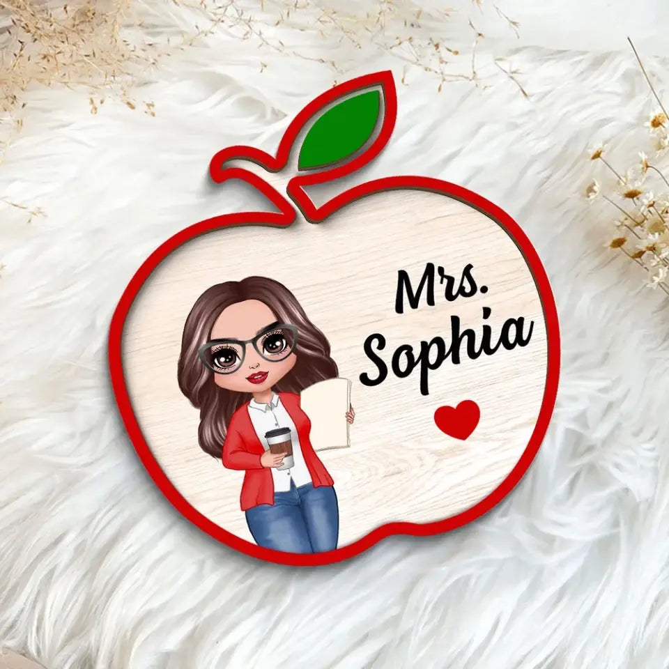 Doll Teacher Apple Shaped Personalized 2-Layer Wooden Plaque, Back To School Gift For Teacher, Office Decor