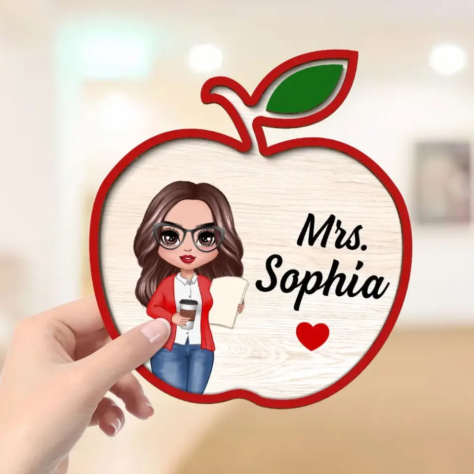 Doll Teacher Apple Shaped Personalized 2-Layer Wooden Plaque, Back To School Gift For Teacher, Office Decor