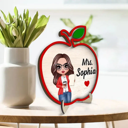 Doll Teacher Apple Shaped Personalized 2-Layer Wooden Plaque, Back To School Gift For Teacher, Office Decor