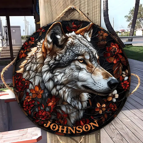 Personalized Name Wolf Round Wood Sign Custom Wolf Wood Sign For Animal Lovers