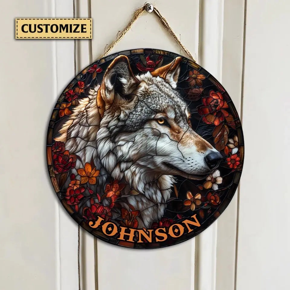 Personalized Name Wolf Round Wood Sign Custom Wolf Wood Sign For Animal Lovers