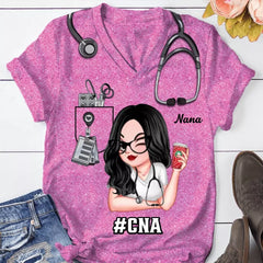 Pretty Doll Nurse Scrub CNA RN Healthcare Worker Personalized V-neck 3D T-shirt