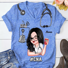 Pretty Doll Nurse Scrub CNA RN Healthcare Worker Personalized V-neck 3D T-shirt