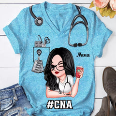 Pretty Doll Nurse Scrub CNA RN Healthcare Worker Personalized V-neck 3D T-shirt