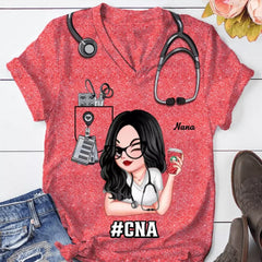 Pretty Doll Nurse Scrub CNA RN Healthcare Worker Personalized V-neck 3D T-shirt