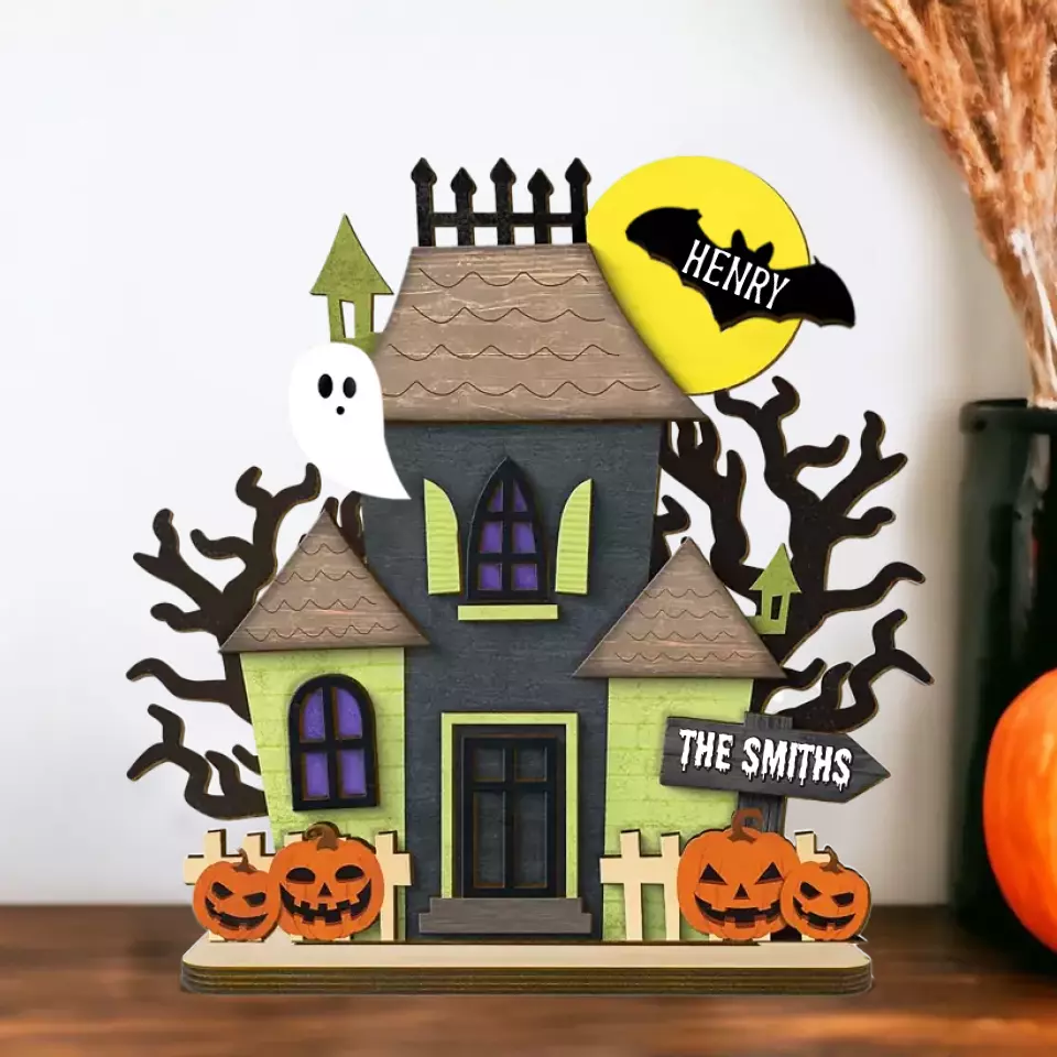 Grandma Family Haunted House Boo Flying Personalized Standing Wooden Plaque, Halloween Decor