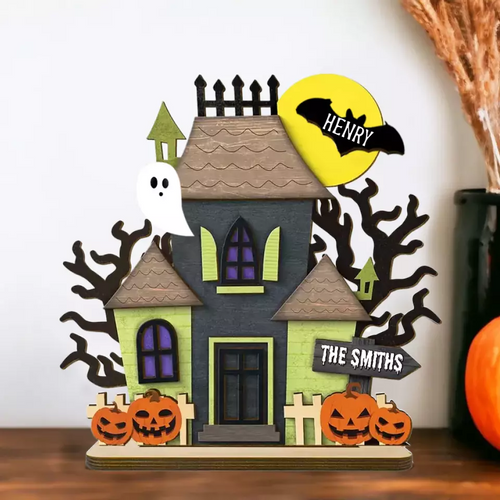 Grandma Family Haunted House Boo Flying Personalized Standing Wooden Plaque, Halloween Decor
