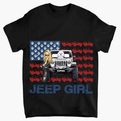 Personalized Jeep Girl & Dog US Flag Independence Day 4th July Gift T-shirt