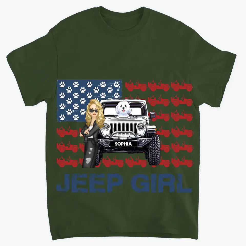 Personalized Jeep Girl & Dog US Flag Independence Day 4th July Gift T-shirt