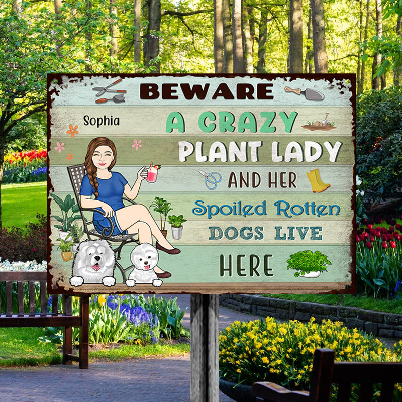 Lady And Her Spoiled Dogs In The Garden - Garden Sign - Personalized Custom Classic Metal Signs