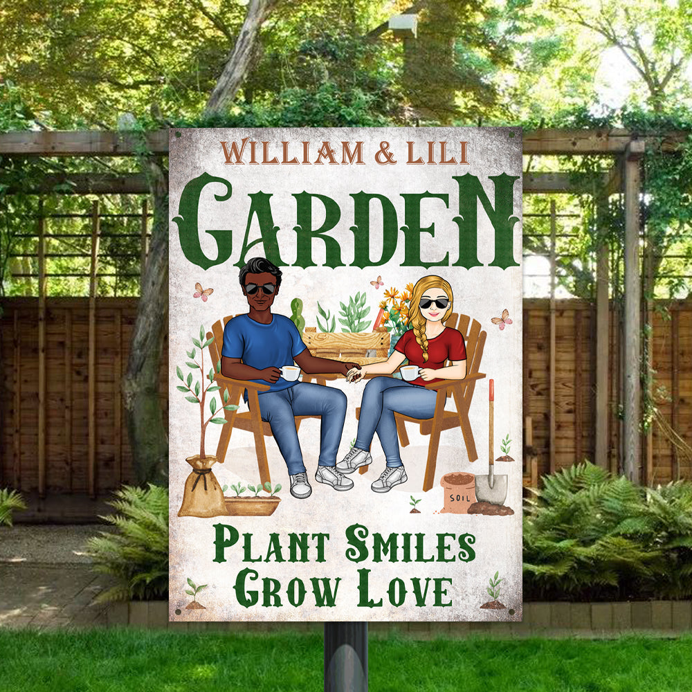 Gardening Couple Plant Smiles Grow Love - Gift For Garden Lovers - Personalized Custom Classic Metal Signs - Garden Signs