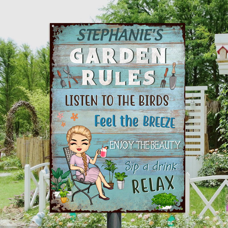 Garden Rules Feel The Breeze Enjoy The Beauty Gardening - Garden Sign - Personalized Custom Classic Metal Signs