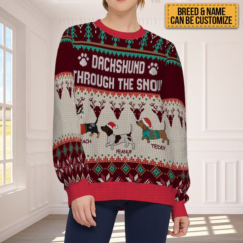 Dachshund Through The Snow - Ugly Sweater - Winter Christmas Sweater Christmas Gifts For Dog Lovers Personalized Custom Ugly Sweater