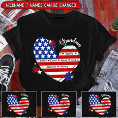 July 4th Grandma Mom Heart Custom Nickname Names US Independence Day Gift USA Flag Tshirt Hoodie Sweatshirt