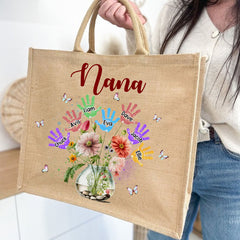 Personalized Grandma Flower Handprint Kids Beach Jute Tote Bag