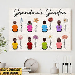 Vintage Birth Month Flowers Garden With Grandkids Names Personalized Poster, Mother‘s Day Gift For Grandma Mom Auntie