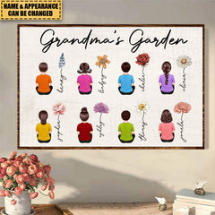 Vintage Birth Month Flowers Garden With Grandkids Names Personalized Poster, Mother‘s Day Gift For Grandma Mom Auntie