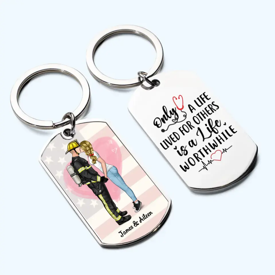 Personalized Engraved Stainless Steel Keychain Emergency Couple, Nurse and firefighter, Nurse and Cop, Army Wife, Police Couple, First responder Couple, Fireman and nurse