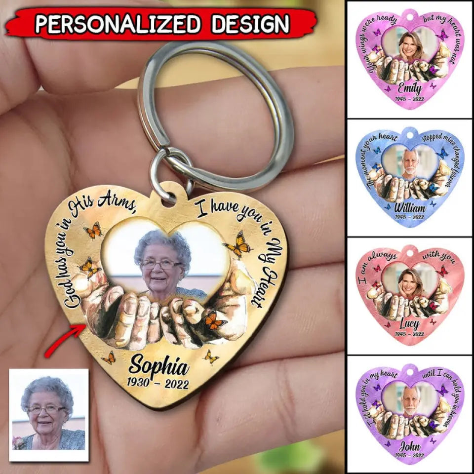 Memorial Gift, Colorful Background Upload Photo God Has You In His Arms, I Have You In My Heart Customized Wooden Keychain