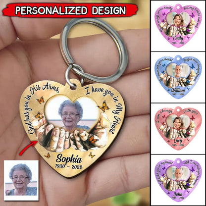 Memorial Gift, Colorful Background Upload Photo God Has You In His Arms, I Have You In My Heart Customized Wooden Keychain